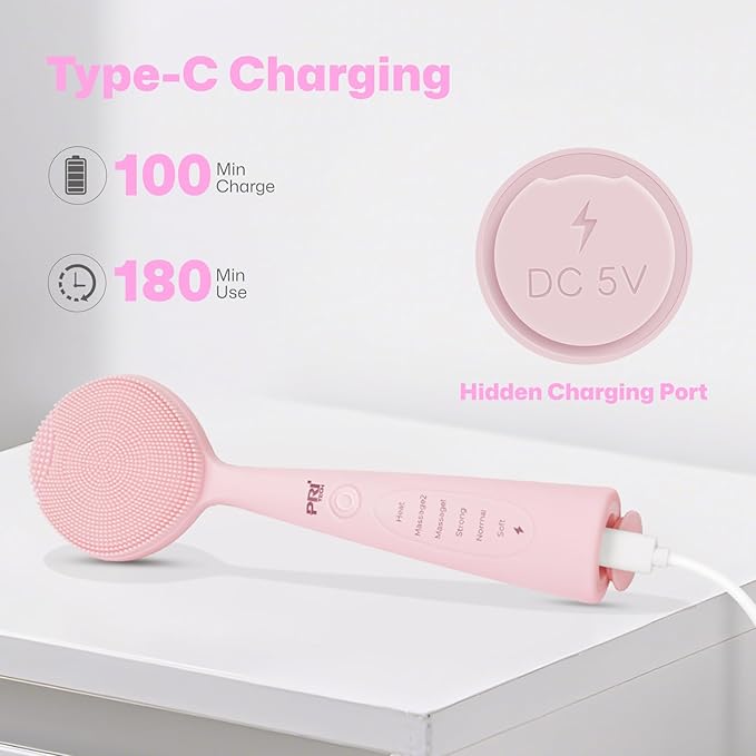 PRITECH Facial Cleansing Brush, Rechargeable Silicone Face Scrubber with Constant-Temperature Heating, Vibrating Exfoliator Scrubber for Deep Pore Cleaning, Waterproof Face Brush for Women & Men -Pink