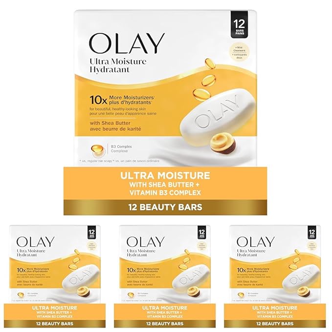 Olay Beauty Bar, Ultra Moisture,10x More Moisturizers, Nourishing Conditioners, Smooth & Gentle on Skin, Vitamin B3 Complex, For All Skin Types, Shea Butter Scent, 3.17 oz, (Pack of 48)
