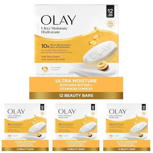 Olay Beauty Bar, Ultra Moisture,10x More Moisturizers, Nourishing Conditioners, Smooth & Gentle on Skin, Vitamin B3 Complex, For All Skin Types, Shea Butter Scent, 3.17 oz, (Pack of 48)