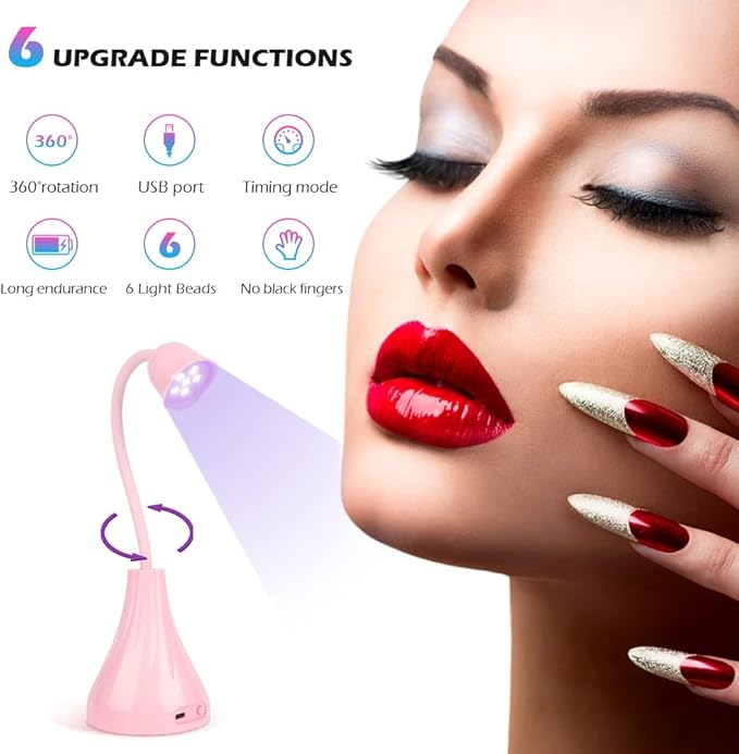 UV LED Nail Lamp, Portable Mini Nail Dryer, 360° Rotatable Hands Free Quick Gel Nail Light, Nail Polish Curing Lamp Flash Cure Light for Nails Great for DIY Home & Salon Manicure (Pink)