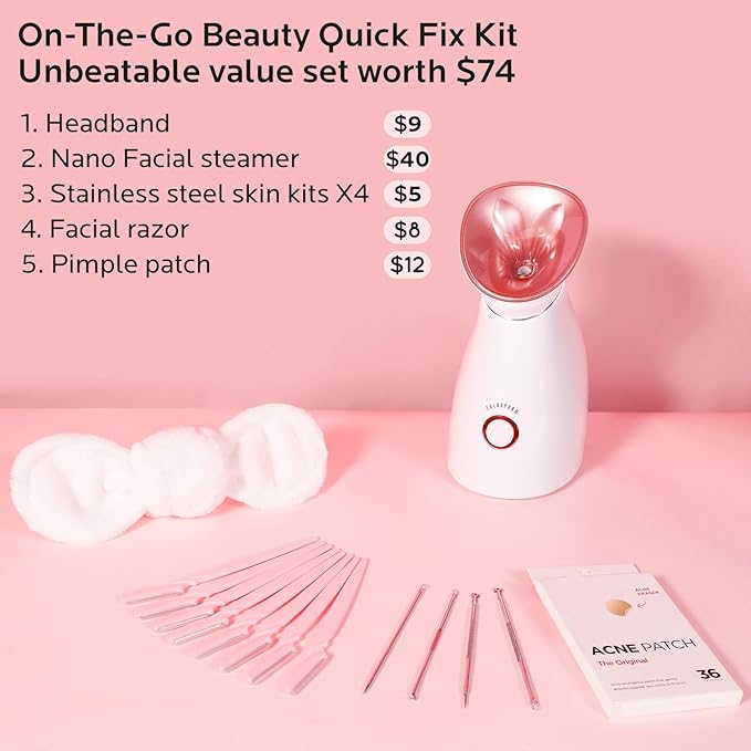 Colorfarm Facial Steamer Skin Care Kit: Face Steamer Home Spa Deep Cleaning Unclogs Pores with 4 Skin Care Tools - Relaxing Self Care Skincare Beauty Gifts for Women (On-The-Go Beauty Quick Fix Kit)