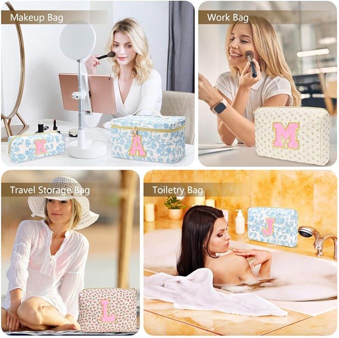 3 PCS Travel Makeup Bag Set,A-Z Initials Cotton Make up Bag Floral Quilted Cosmetic Bag for Girls and Women,Personalized Christmas Gifts,Cute Toiletry Travel Accessories Brushes Bags-M
