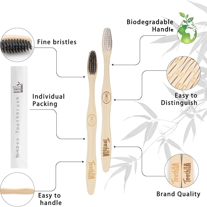 Bamboo Toothbrush Individually Sealed 10 Count, BPA-Free Soft Bristles Toothbrushes for Adults, Eco-Friendly, Natural Charcoal Wooden Toothbrush