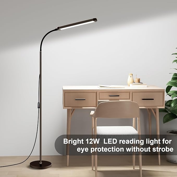 Modern LED Floor Lamp for Reading in Black, Bright 12W Dimmable Standing Light with Adjustable Gooseneck, 3 Color Temperatures, for Living Room corner, Office, Study Room, bedroom bedside nursery,lash