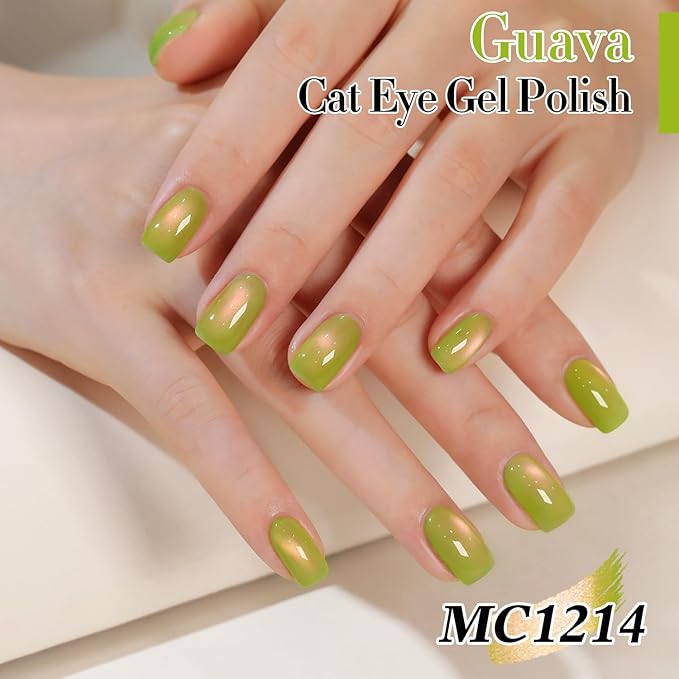 Double Rhythm 0.5 OZ Cat Eye Gel Polish with Magnet 15ML Holographic Glitter Shimmer Translucent Jelly Color Magnetic Nail Polish Salon DIY at Home (Green Pink-MC1214)