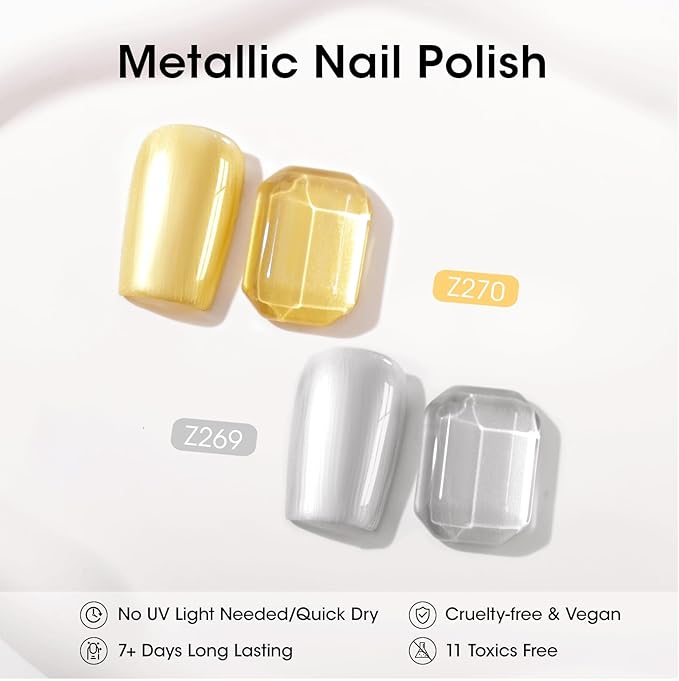 GELLEN Metallic Nail Polish Set, Gold Silver Chrome Mirror Nail Polish with 3-in-1 Base Coat Top Coat Strengthener Polish, Air Dry Nail Lacquer for Finger Toe, Christmas DIY Manicure Gift