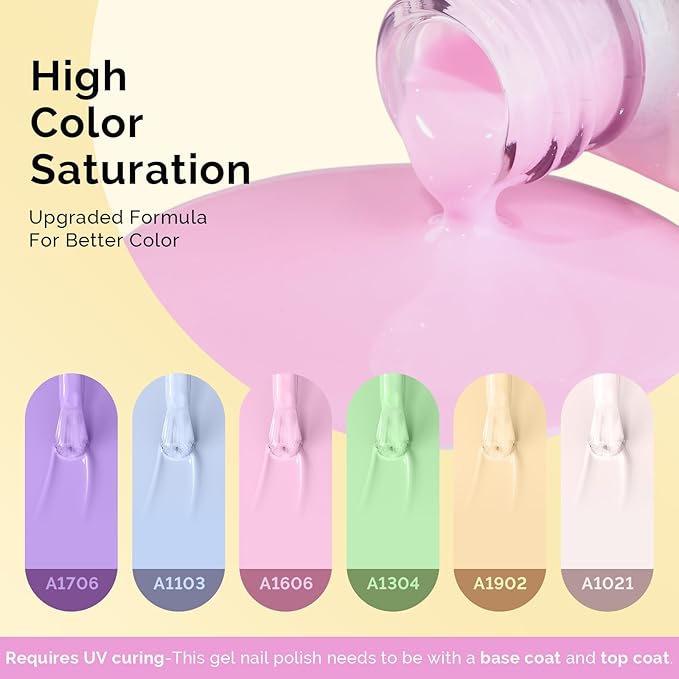 MelodySusie Macaron Pastel Gel Nail Polish Set - 6 Colors Pink Yellow Blue Green Purple White Soak Off UV LED Gel Polish Gift for Women Nail Art Manicure Salon DIY Nail Design Decoration at Home