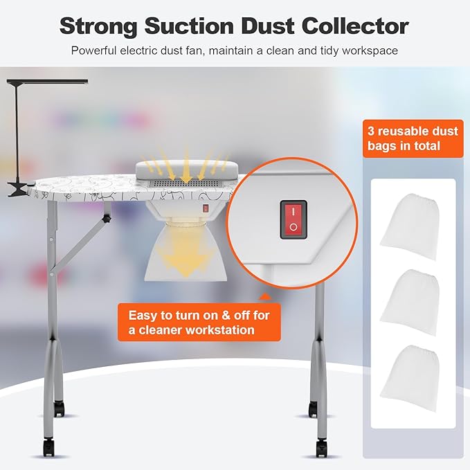 Portable Nail Table for Nail Tech on Wheels, Foldable Professional Manicure Table Travel Nail Desk with LED Lamp/Dust Collector/3 Dust Bags/Wrist Cushion/Storage Bag, White