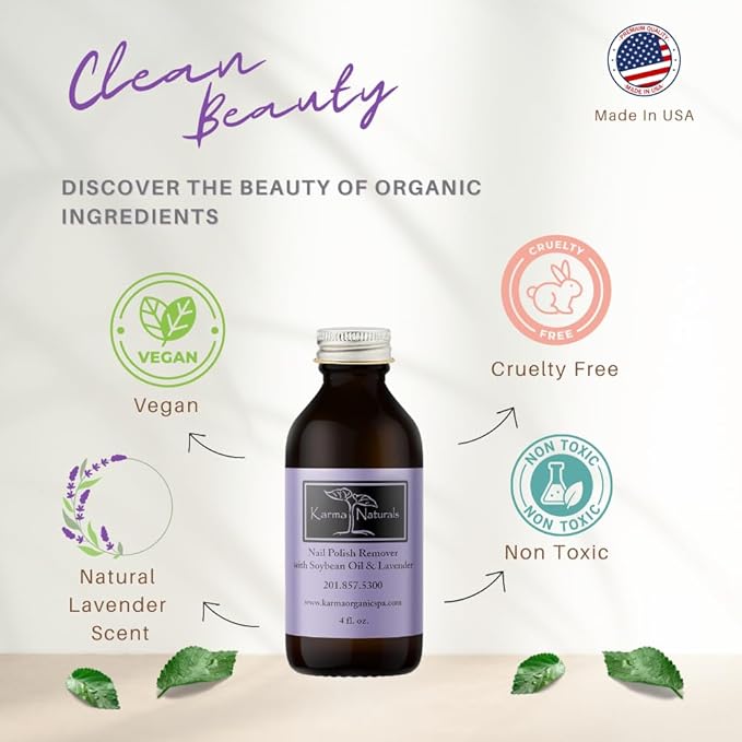 Karma Organic Nail Polish Remover with Soybean Oil and Lavender Oil- Non Toxic, Vegan, Cruelty Free, Acetone Free – Nails Strengthener for Fingernails – 12 fl. Oz. (3 Pack)