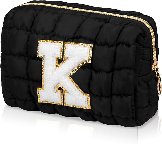 Initial Checkered Makeup Bag, Large Quilted Cosmetic Bag, Cute Make up Pouch for Purse, Travel Toiletry Storage Bag for Women Preppy Teen Girls Gift Trendy Stuff Gift (Black K)