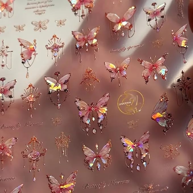 Butterfly Nail Art Stickers Decals 5D Butterfly Nail Stickers Pink Seashell 5D Embossed Shinny Butterflies Nails Design Decals Butterflies Stickers for Women DIY Manicure Nails Art Decorations