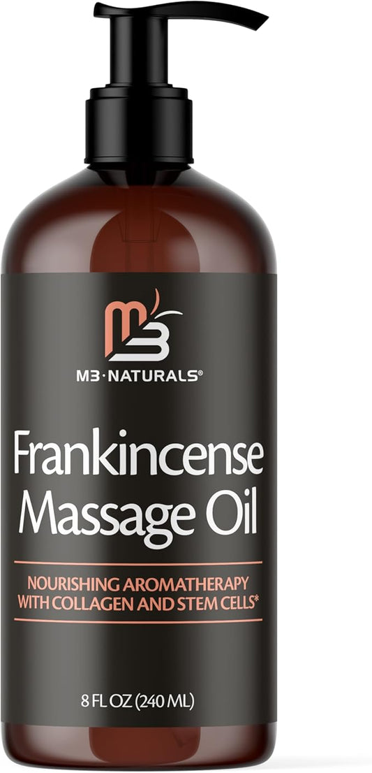 Frankincense Essential Massage Oil for Scars, Stretch Marks & Fine Lines, Firming, Hydrating, Smoothing & Calming Formula with Collagen, Stem Cells, Lavender & Grapefruit, 8 fl oz, by M3 Naturals