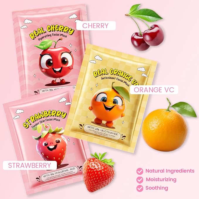 evpct 12 Pack Fruit Kids Face Masks for Kids Girls Spa, Girls Kids Facial Spa Day Slumber Sleepover Birthday Party Favors Supplies Kit for Girl, Kid Friendly Facial Face Masks Bulk Skincare for Kid, 4