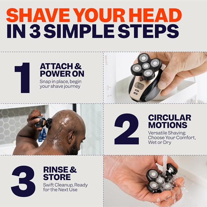 Freebird FlexSeries Electric Head & Body Hair Shaver - Mens Cordless Rechargeable Wet/Dry Skull Bald Head Back & Groin Waterproof Razor with Rotary Blades, Clippers, Nose Trimmer, Brush, Massager