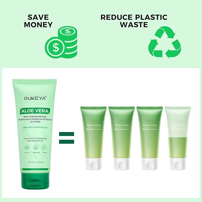 OUKEYA Aloe Vera Gel – Soothing, Hydrating, and Nourishing for Face & Body 5.07 Fl Oz | 98% Natural Aloe Vera, Pure & Organic for After Sunburn Relief, Skincare & Hair Hydration, Calming Moisturizing