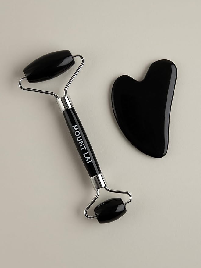 Mount Lai Obsidian Gua Sha Facial Tools, Black Obsidian Gua Sha Facial Tools Set and Roller, Guasha Tool for Face to Relieve Muscle Tension and Reduce Puffiness, Anti Aging Skin Care Sets for Women