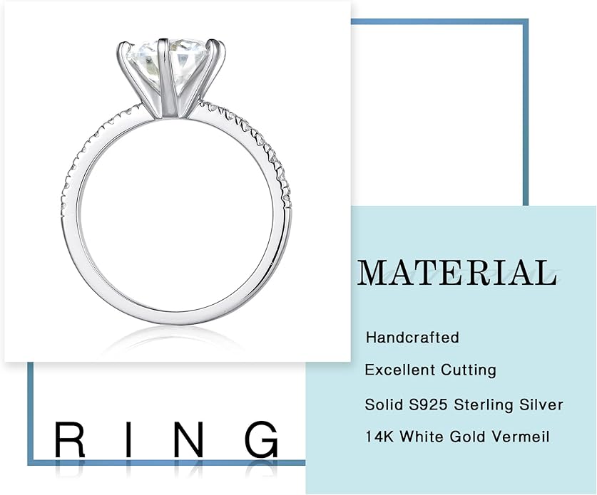 MOOSEA 3CT Moissanite Engagement Rings for Women, Brilliant D Color VVS1 Clarity Lab Created Rings S925 Sterling Silver 14K White Gold Vermeil 6 Claw Moissanite Ring for Women Jewelry Gifts