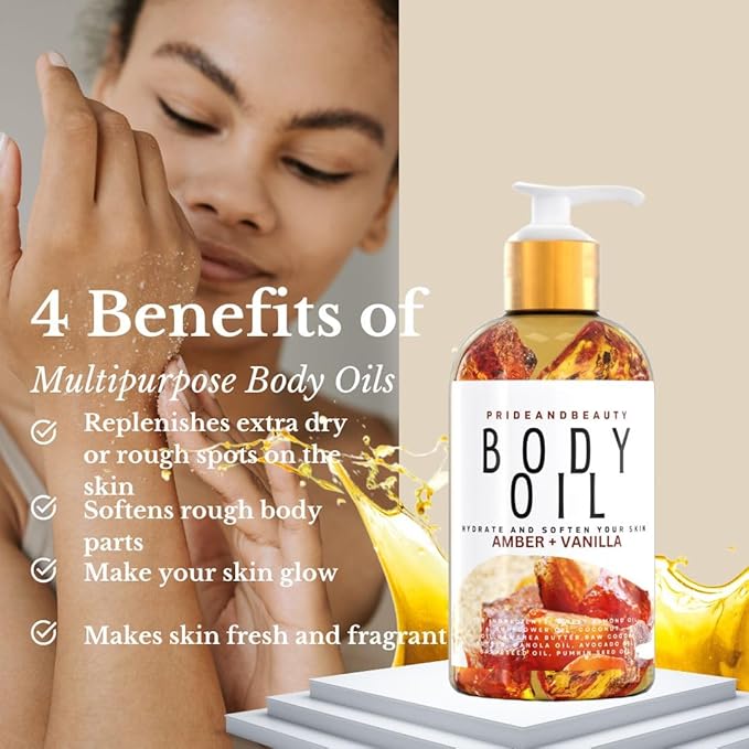 PrideandBeauty After Shower Oil. Skin Hydrating Oil. Body Oil Scented. Body Oils For Women Dry Skin. (Vanilla Buttercream) (8 OUNCES, Amber Vanilla Blossom)