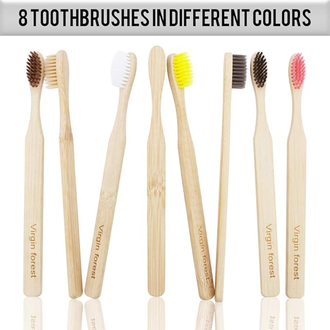 Virgin Forest 8 Pcs Bamboo Toothbrush, BPA-Free Soft Toothbrushes, Natural Eco-Friendly Biodegradable Best Travel Wood Toothbrush Set, for Sensitive Gums