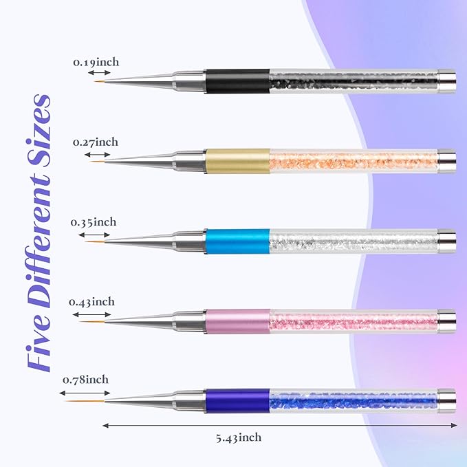 Nail Art Brushes, 5Pcs Nail Design Brushes with Nail Liner Brush and Fine Nail Art Pen for Salon at Home DIY Manicure (5/7/9/11/20mm)