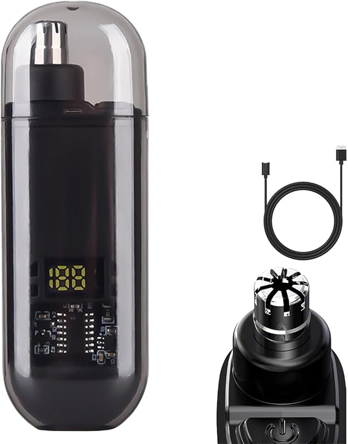 2-in-1 Nose Hair Trimmer - for Effortless, Waterproof Nasal Hair Cutter with Digital, Groom with Precision, Rechargeable, Electric Nose Hairs Trimmer for Men Women (Black)