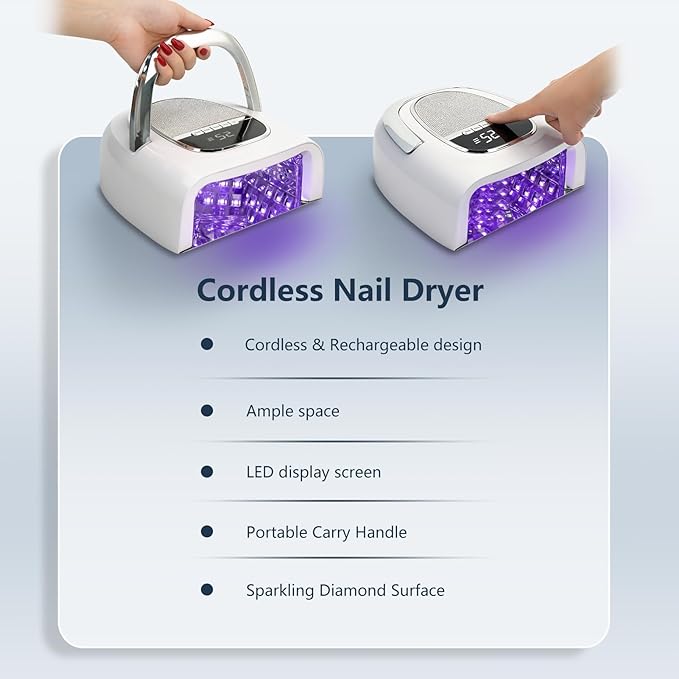 96W Professional Cordless Nail Lamp – Fast-Curing UV/LED Light, Rechargeable 15600mAh Battery (60+ Uses), Smart Sensor & Metal Base for Gel and Acrylic Nails at Home or Salon(Silver Frame Version)
