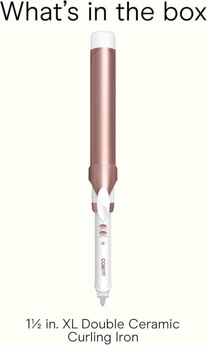 Conair Double Ceramic Curling Iron, 1 1/2" Extra-Long Barrel Hair Curling Iron, 30 Heat Settings, Turbo Heat, Auto Off, Cool Tip, Dual Voltage, Rose Gold