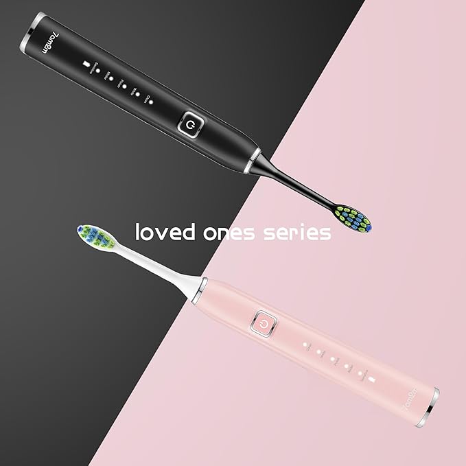 7AM2M Electric Toothbrush 2 Pack Set for Kids and Adults, 12 Brush Heads,5 Adjustable Modes, Built-in 2-Minute Smart Timer,Wireless Fast Charge for 60 Days,IPX7 Waterproof SonicToothbrush(Black+Pink)