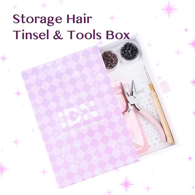 IDN BEAUTY 16 Colors Hair Tinsel Kit, 48 Inches Hair Extensions, Tinsel for Christmas Halloween Cosplay Party, Highlights Sparkling Hair for Girls Women Kids