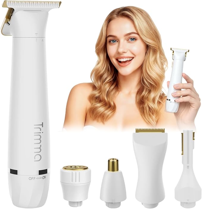 Trimma Bikini Trimmer for Women - 5 in 1 Waterproof Womens Electric Razor for Sensitive Skin, Rechargeable Portable Electric Body Razor (Leg, Arm, Bikini, Face, Nose, Eyebrow, Back)