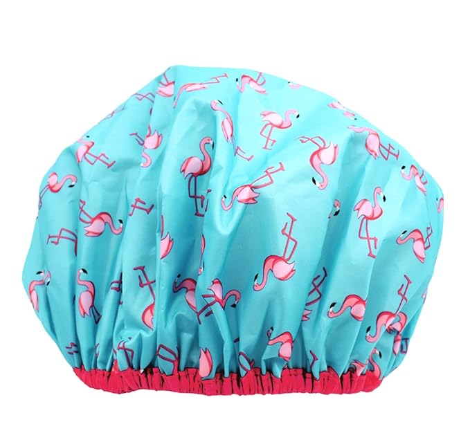 Reusable Shower & Bath Cap & Lined, Oversized Waterproof Shower Caps Large Designed for all Hair Lengths with PEVA Lining & Elastic Band Stretch Hem Hair Hat - Fashionista Flamingo Party