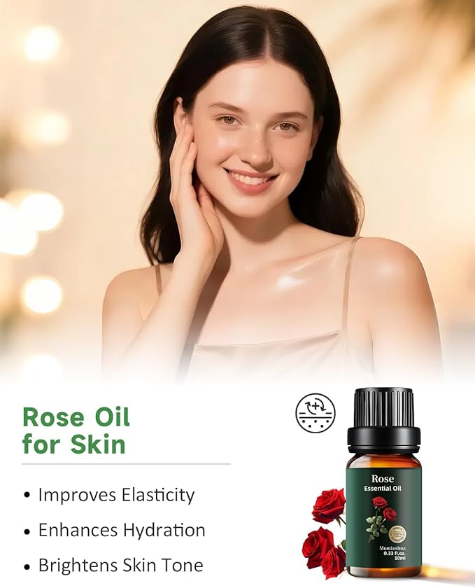 Rose Essential Oil, 100% Pure & Natural Aroma Oils for Aromatherapy Diffuser, Skin & Hair Care, Perfume, Soap & Candle Making, 0.33 Fl Oz / 10ml Mumianhua