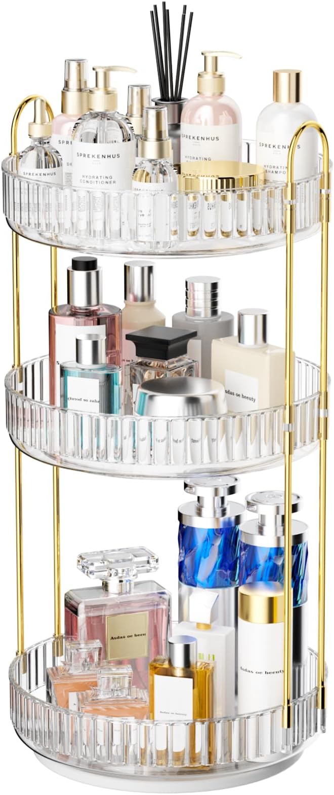 GTI 360°Rotating Makeup Organizer, 3 Tier Large Capacity Perfume Cosmetics Skincare Vanity Organizers,Bathroom Counter Organizer, Dresser Spinning Countertop Organizer and Storage for Women (Clear)