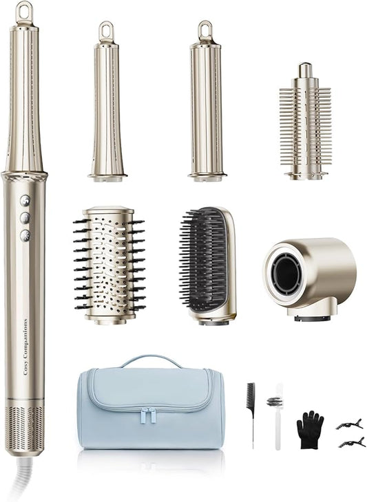 6-in-1 Hair Dryer Brush, Hair Styler with Automatic Curlers, 150,000 RPM High-Speed Negative Ionic Hair Dryer Fast Drying, Blow Dryer Brush for Curling/Volumizing/Straightening with Travel Bag, Gold