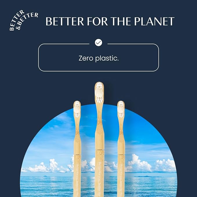 Better & Better Natural Bamboo Toothbrush | Soft Bristles | 100% Plant-Based | Reusable Handle and Replaceable Brush Head | Eco-Friendly, Zero Plastic | Adult Size (Toothbrush, Blue, White & Orange)
