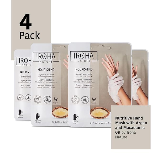 IROHA NATURE Nourishing Hand Mask Gloves | 4 Pairs | Argan & Macadamia Oil | Intense Nutrition for Dry Hands | 93% Natural Ingredients | Vegan