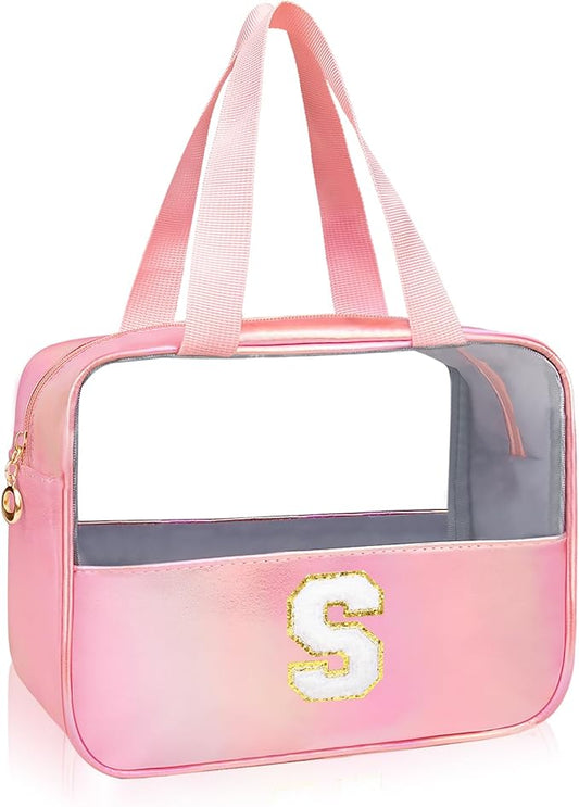 Personalized Initial Clear Makeup Bag Pink Cosmetic Bag Set Large Travel Toiletry Bag, Cute Clear Make Up Bags Organizer Bag for Girlfriend Teacher Gifts Teen Girl Gifts Trendy Stuff S (Pink)