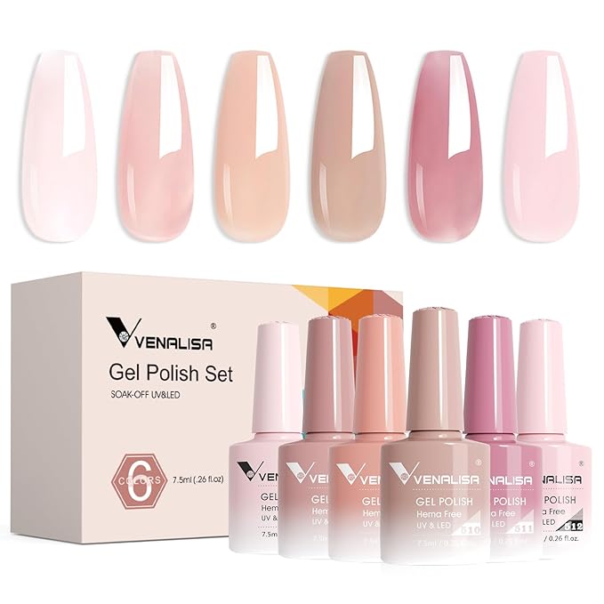 VENALISA Jelly Gel Nail Polish Set of 6 Colors Sheer Nude Pink Gel Polish Kit Neutral Skin Tone Transparent Soak Off UV Gel Salon Nail Art DIY at Home Manicure
