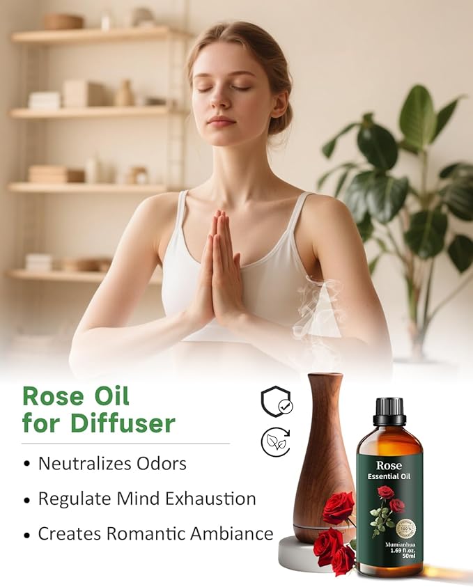 Pure Rose Essential Oil, Mumianhua Natural Rose Oil for Reed Diffuser, Air Freshener, Aromatherapy, Relaxation, Skin,Hair, Cologne, Candles Making, Evening Wellness, Romantic Atmosphere 1.69 Fl Oz