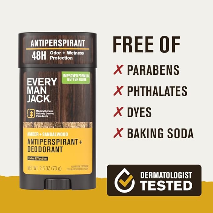 Every Man Jack Men’s Amber + Sandalwood Antiperspirant Deodorant – New & Improved Formula – Smooth Glide, 48-Hour Odor & Sweat Defense– 2.6 oz (2 Pack)