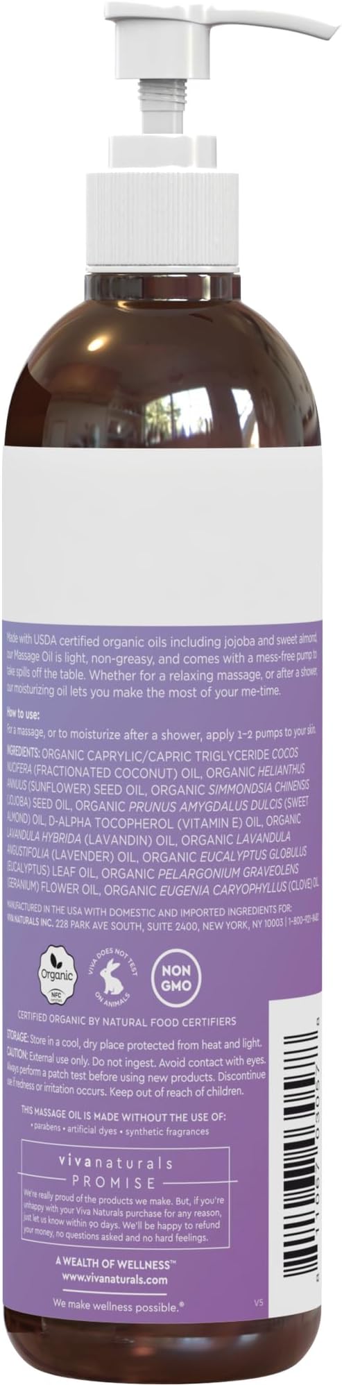 Viva Naturals Organic Massage Oil, Lavender Scented, 8 fl oz (237 mL) – Non-Greasy, Certified Organic Massage Therapy Oils