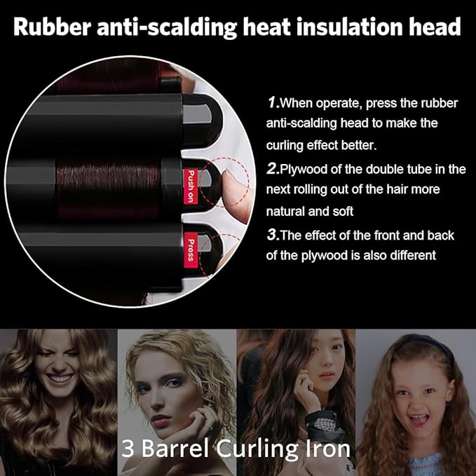 3 Barrel Curling Iron Hair Crimper Waver Iron with LCD Temperature Display - 1 Inch Ceramic Tourmaline Triple Barrels Waver Curling Wand, Dual Voltage