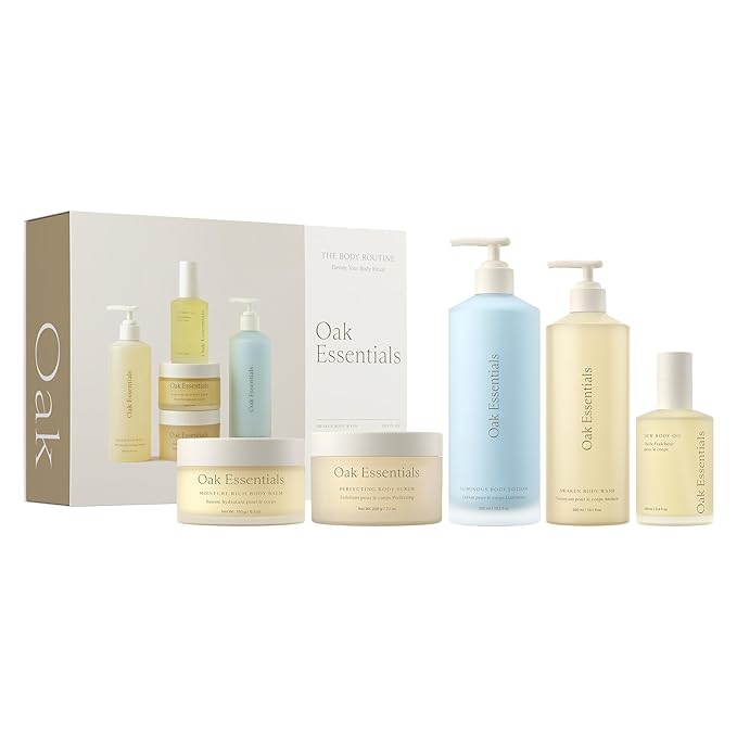 Oak Essentials The Body Routine Set | 5-Step Spa Kit with Blue Tansy Body Lotion, Body Oil, Wash, Scrub & Balm for Hydrated Skin