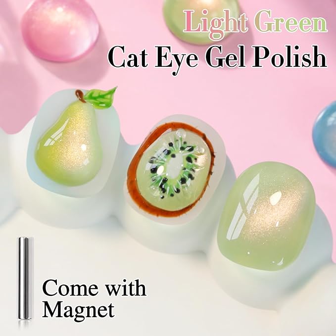 Double Rhythm 0.5 OZ Cat Eye Gel Polish with Magnet 15ML Holographic Glitter Shimmer Translucent Jelly Color Magnetic Nail Polish Salon DIY at Home (Green-MC1213)