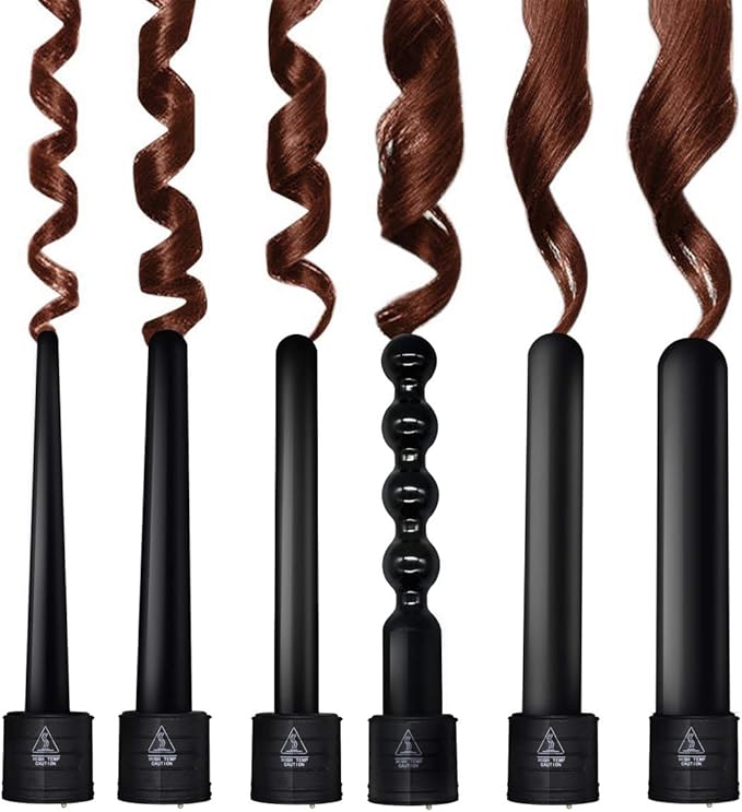 6 in 1 Curling Iron Wand Set with 6 Interchangeable Ceramic Barrels and Heat Protective Glove (Black-6in1) (Black-6)