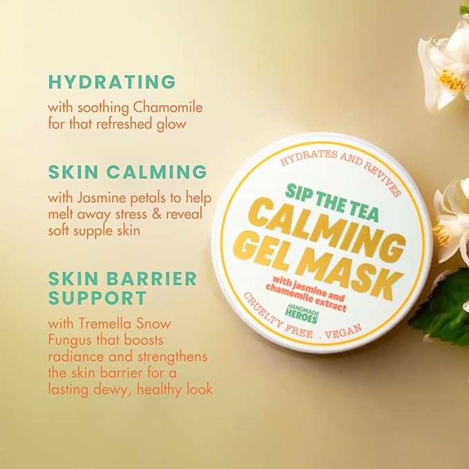 Handmade Heroes Sip The Tea Calming Gel Mask – Soothing Hydrating Facial with Chamomile, Jasmine & Hyaluronic Acid – Vegan Skincare for Dry, Sensitive Skin – Skin Plumping Rinse Off Formula 3.4 Fl oz
