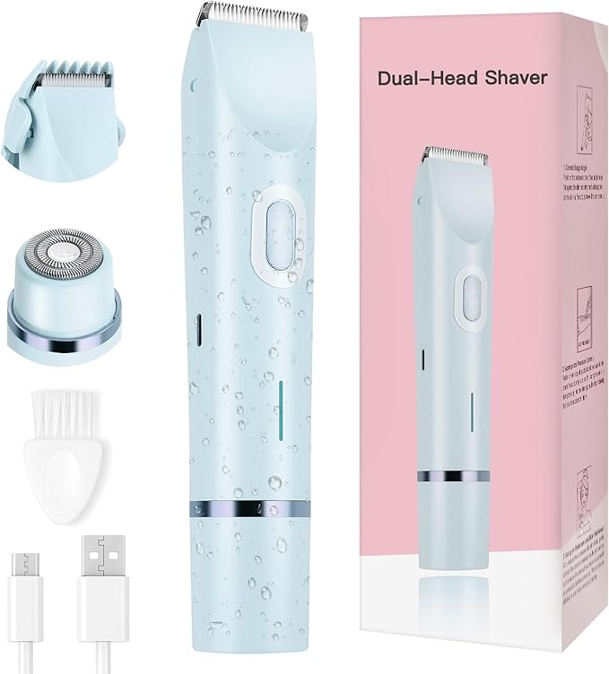 Women's Bikini Trimmer, 2-in-1 Electric Shaver for Bikini Line, Legs, Underarms, Face - Waterproof Women's Electric Shaver for Sensitive Skin, USB Rechargeable (Blue)