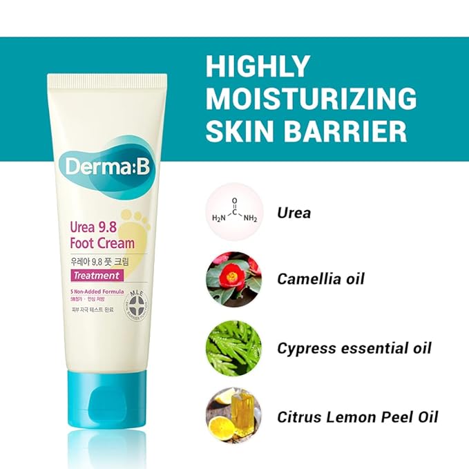 Derma B | Urea 9.8% Foot Cream | Foot Lotion for Dry Cracked Heel Treatment | Camellia Oil, Urea Cream for Feet | Hypoallergenic Leg Cream for Sensitive Skin | Woody Scent Foot Care | 2.7 fl oz (80ml)
