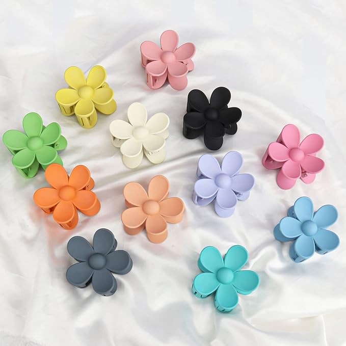 12-Piece Flower Claw Clips - Large Jaw Clips for Women & Girls - Thick & Thin Hair - 12 Colors - Matte, Non-Slip, Strong Hold