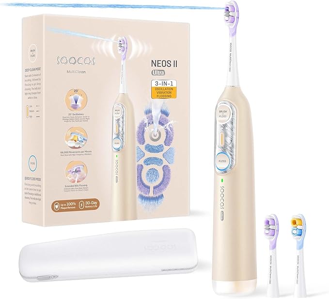 Soocas NEOS II Ultra – Electric Toothbrush with Water Flosser Combo, 3-in-1: Flosses, Vibrates and Oscillates, Flossing Toothbrush for Adults, Cordless Water Flosser for Travel, Champagne Gold